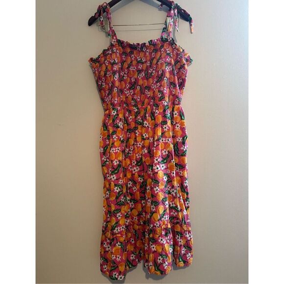 Draper James Taylor Smocked Dress in Pink With Oranges And Flowers Size XL W/ Po - Picture 2 of 12